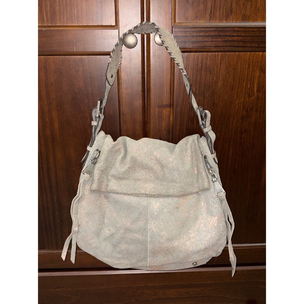 Aimee Kestenberg Metallic Rose Goldโ Distressed Leather Hobo Shoulder Bag Gray